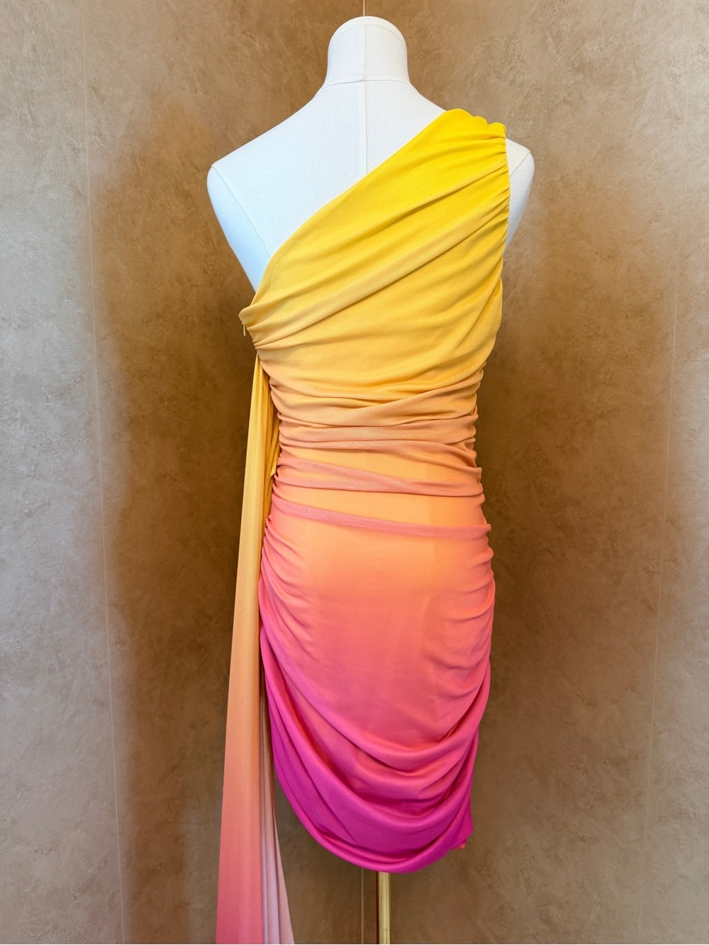 SHEIN Yellow to Pink Ombre One-Shoulder Ruched Mini Dress - Picture 3 of 7